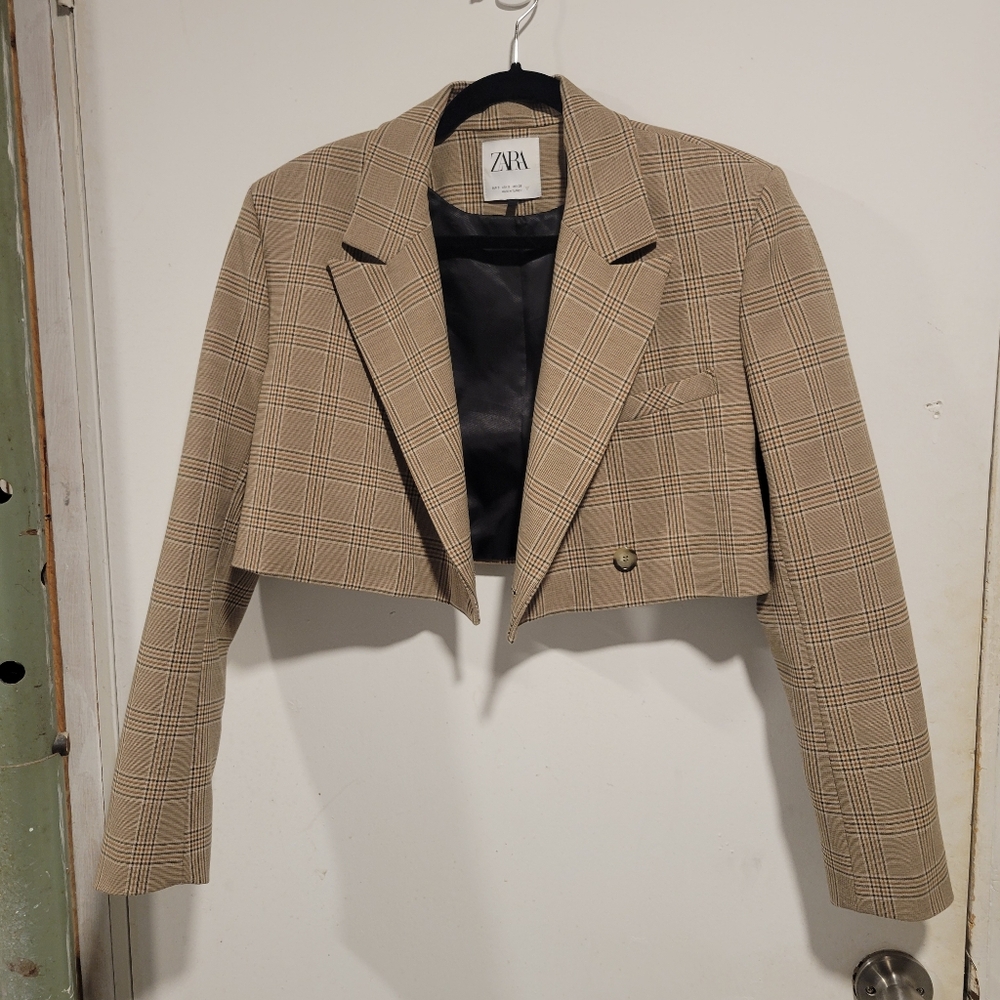 Zara brown cropped, plaid/checkered blazer
